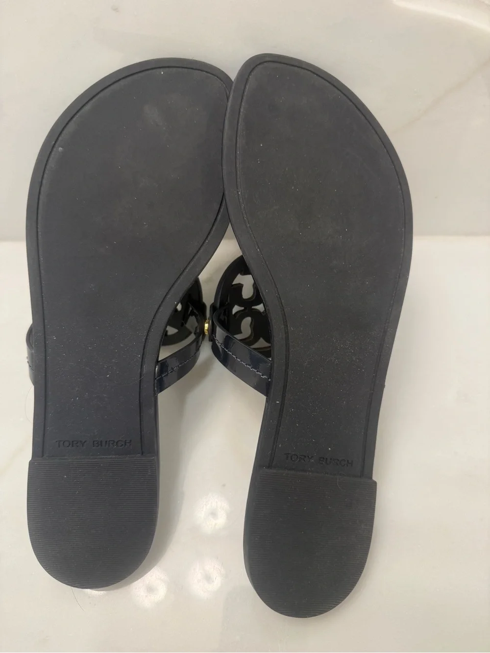 Tory Burch Navy Patent Logo Thong Sandals with Gold Studs
